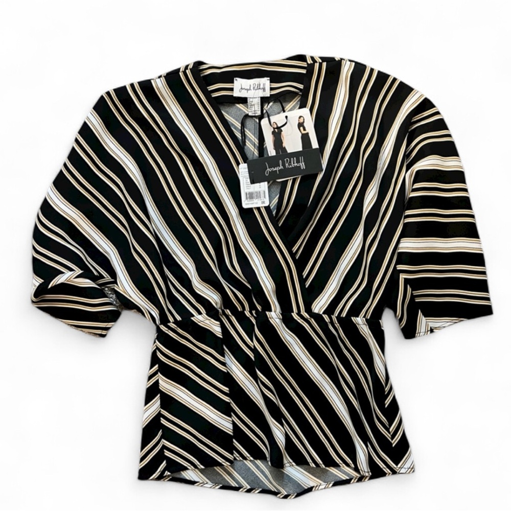 NEW Joseph Ribkoff NWT Black Gold White Stripe V Neck Top Luxury Size 8